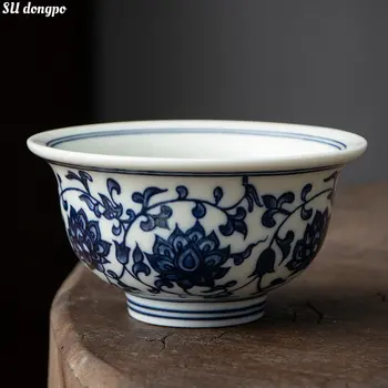 130 мл Подглазурная сине-белая чашка для рук, обернутая веткой Лотоса, Антикварная копия керамической чашки для чая в китайском стиле