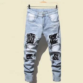 2022 Мужские джинсы, крутые Рваные узкие брюки, стрейчевые Тонкие джинсовые брюки, большие размеры, хип-хоп, черные, синие Повседневные джинсы для бега для мужчин