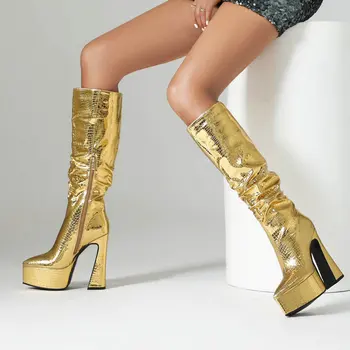 2023 Модные женские сапоги до колена из искусственной кожи, Сапоги на платформе с квадратным каблуком, осень-зима, женская обувь цвета: Золотистый, серебристый, Черный, белый