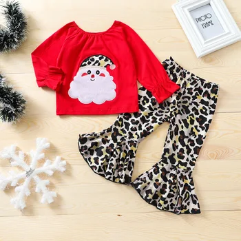 2023 Рождественские дети, Комплект одежды из 2 предметов для маленьких девочек, хлопковые топы с Санта-Клаусом, Леопардовые расклешенные брюки, костюм для маленьких девочек, наряды для девочек