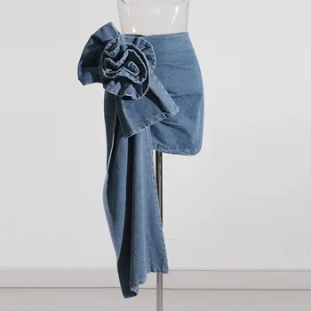 2023 Эластичные бретельки с цветочным узором, высокая талия, универсальная джинсовая юбка-полукомбинезон с запахом для женщин