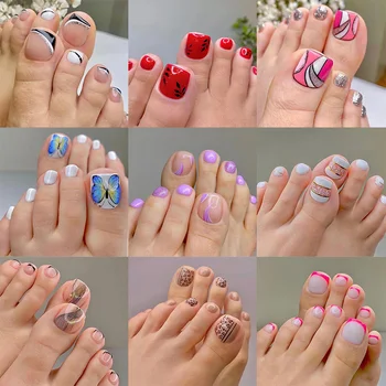 24шт 3D блестящих пластырей для ногтей, разноцветных накладных ногтей с клеем 
Многоразовый пресс для ногтей, накладной ноготь на пальце ноги, квадратный короткий маникюр