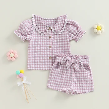 2шт детские девушки летние наряды с коротким рукавом кукла воротник клетчатая рубашка шорты комплект одежды малыш
