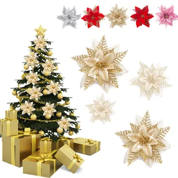 8шт Рождественских блестящих искусственных цветов из красного Золота, украшения для Рождественской елки, Большие цветочные головки для домашнего новогоднего декора Navidad