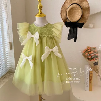 90-140 см, одежда для маленьких девочек, Летнее сетчатое платье для девочек, платья для маленьких девочек, Детская одежда, Зеленое платье принцессы для девочек