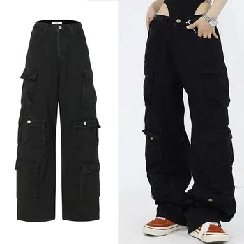 Harajuku Ретро, черные, синие, функциональные Свободные джинсы, мужская уличная одежда Y2K, повседневные брюки в готическом стиле в стиле панк, женские широкие брюки оверсайз.