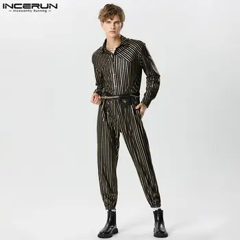 INCERUN 2023, новый мужской комбинезон в американском стиле, полосатый дизайн из ткани Flash, боди, модный шифоновый комбинезон с длинными рукавами, S-5XL
