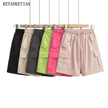 KEYANKETIAN/ Новые Летние Эластичные женские шорты с высокой талией, украшенные карманами, однотонные повседневные широкие брюки, быстросохнущие брюки