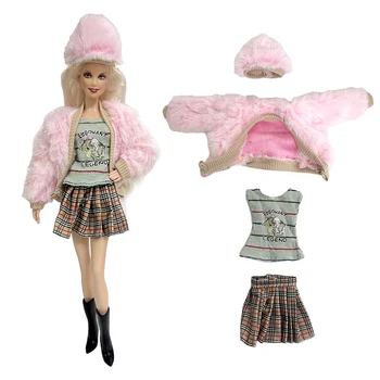 NK 4 предмета/ комплект Модная розовая шуба + мини-рубашка + Плиссированная юбка + Шляпа Современная одежда для куклы Барби Аксессуары Игрушки