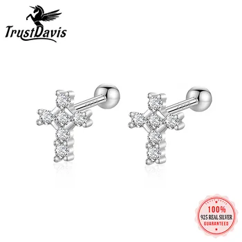 TrustDavis Подлинное серебро 925 пробы Минималистичный крест CZ Очаровательные серьги-гвоздики для женщин Lady Anniversary Fine Jewelry LB620