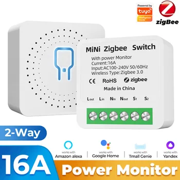 Tuya Zigbee/WiFi MiNi Smart Switch Relay С Монитором Питания 16A 2-полосный Выключатель Управления Таймером Работы С Alexa Google Home Alice