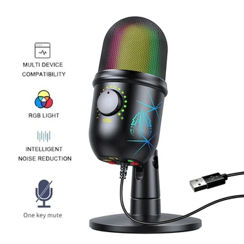 USB-Компьютерный микрофон, RGB Игровой Настольный микрофон, Живой Микрофон с бесшумным шумоподавлением, функция возврата в ухо для ПК, ноутбука, телефона