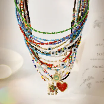 Vlen Разноцветные стеклянные бусины Изящное ожерелье Ювелирные изделия в стиле бохо, Наращиваемые ожерелья с подвесками для женщин, аксессуары для девочек Y2K, Корейское колье