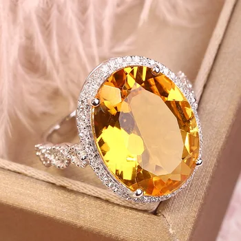 YangFx Серебристого цвета, новое роскошное кольцо с овальным бриллиантом, имитирующее желтый кристалл, женское ювелирное украшение с сокровищами.