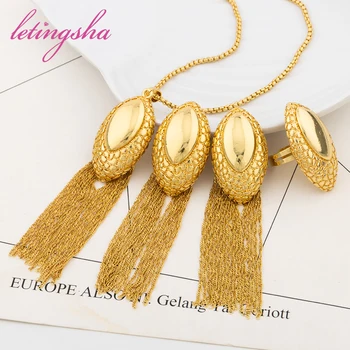 Африканское классическое ожерелье, модные серьги и кольцо Для леди, ювелирный набор золотого цвета Dubai Trend для повседневной носки, подарки для вечеринок