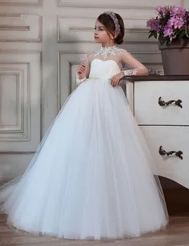 Белые свадебные платья для девочек в цветочек, платья принцесс с длинными рукавами, аппликации из тюля, детское бальное платье для первого причастия.