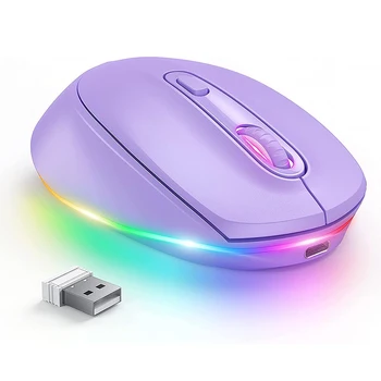 Беспроводная мышь BOW Purple Перезаряжаемая мышь для ноутбука, маленькие беспроводные мыши со светодиодной радужной подсветкой с тихим щелчком для компьютера
