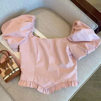 блузка для маленьких девочек, рубашка с оборками, 2023, летний укороченный топ с пышными рукавами и квадратным вырезом в корейском стиле для детей среднего размера, розовый кружевной топ с открытой спиной от 3 до 16 лет