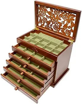 Деревянная шкатулка для украшений для женщин, Настоящий деревянный держатель для украшений, коробка-органайзер с узорами в виде листьев, 6-слойные шкатулки для украшений для хранения сережек