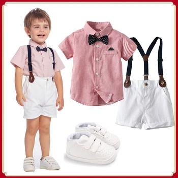 Детская одежда из бутика, одежда для маленьких мальчиков, Джентльменский комплект с галстуком-бабочкой в горошек, Модные детские брюки на бретельках, комплекты для детских фотографий