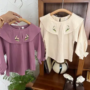 Детские блузки для девочек 2023 Осенняя Корейская блузка для малышей, Хлопковая Детская рубашка с кукольным воротником и вышивкой, Топы с длинными рукавами для девочек