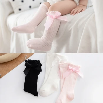 Детские носки Для новорожденных девочек, милые детские носки принцессы до середины колена, детские чулки с большим бантом, хлопковые аксессуары для младенцев и малышей