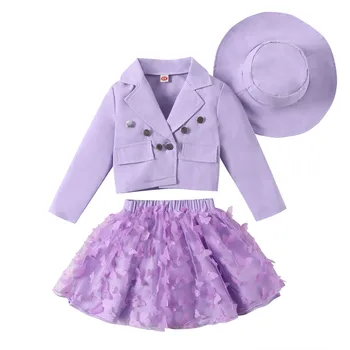 Детский костюм для девочек, весенне-осеннее фиолетовое пальто с длинным рукавом и лацканами, короткое сетчатое платье с бабочкой, Новое домашнее одеяло, Размер 8, одежда для девочек