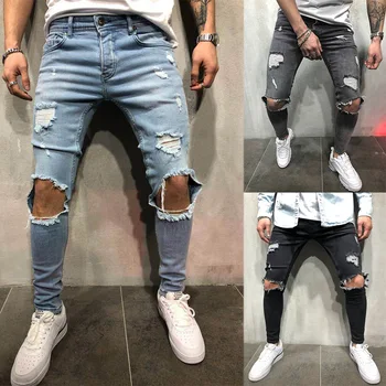 Европейские и американские мужские джинсы, новые потертые брюки-карандаш с дырками, облегающие S-3XL