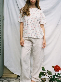 Женские пижамные комплекты из 2 предметов с цветочным рисунком, Топы и шорты с коротким рукавом и фруктовым принтом, Пижамный комплект для отдыха