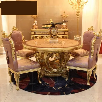 изготовленная на заказ мебель для виллы, европейский обеденный стол из массива дерева, французский роскошный круглый стул из золотой фольги с резьбой