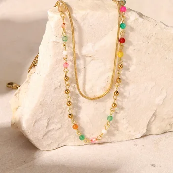 Качественные коллекции, Водонепроницаемые ожерелья из нержавеющей стали с позолоченными разноцветными хрустальными бусинами и змеиной цепочкой для женщин
