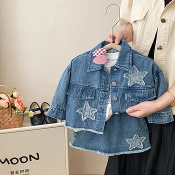 Комплект джинсовой одежды для маленьких девочек, хлопковая джинсовая куртка со звездами + юбка, 2 предмета, комплекты одежды с юбкой на весну-осень для малышей, наряд от 1 до 6 лет