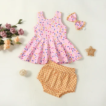 Комплекты одежды для маленьких девочек 0-24 м, платье без рукавов с принтом пончика и оборками, Жилет + шорты, лента для волос