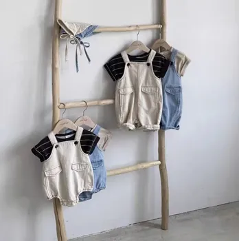 Корейский Японский детский джинсовый комбинезон, милый комбинезон на подтяжках для маленьких мальчиков, Модные штаны с ремешками для малышей, Летняя одежда для малышей 2023 года.