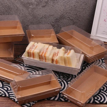 коробка из крафт-бумаги для торта и хлеба 10шт с пластиковыми прозрачными крышками Коробки для упаковки сэндвичей Прямоугольные / Квадратные коробки для упаковки пищевых продуктов