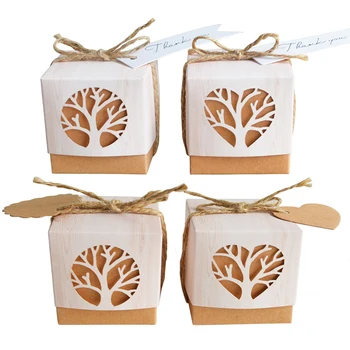 коробка конфет из Крафт-бумаги 50шт с этикеткой Подарочная коробка в стиле ретро с полым деревом в виде сердца, упаковочная коробка для шоколадного печенья для свадьбы, Дня рождения