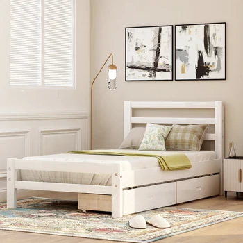 Кровать-платформа из белого дерева с двумя выдвижными ящиками, двойная, легко монтируется для мебели для спальни в помещении