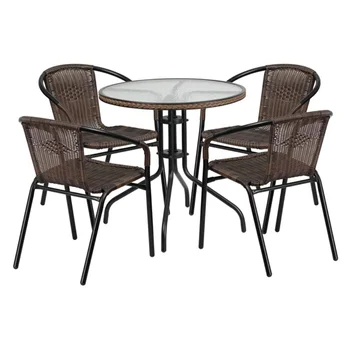 Круглый стеклянный металлический стол 28 дюймов с темно-коричневой окантовкой из ротанга и набор обеденных столов из 4 стульев