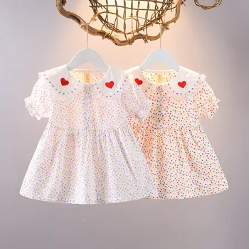 Летнее платье Love Heart для новорожденных девочек, одежда для детей с короткими рукавами и воротником 