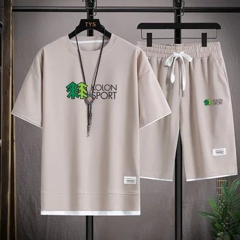 Летний мужской топ + шорты из 2 предметов, спортивная одежда с модным принтом, Свободная уличная одежда в стиле Харадзюку, Новый повседневный комплект для приключений на открытом воздухе.