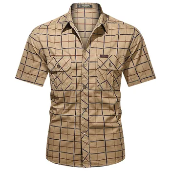 Летняя мужская клетчатая рубашка с короткими рукавами из 100% хлопка с лацканами, военная боевая рубашка, Высококачественная деловая повседневная мужская рубашка