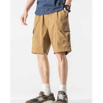 Летняя свободная модная мужская одежда Оверсайз, Однотонные универсальные повседневные шорты в японском стиле с карманом и эластичной резинкой на талии.