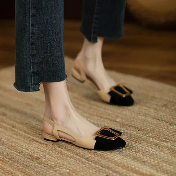 Маленькие ароматные женские босоножки baotou 2023, новые летние туфли на низком каблуке и плоской подошве с металлической пряжкой, тонкие туфли в тон