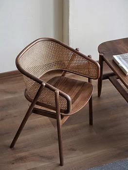 Мебель Обеденный стул из ротанга в скандинавском стиле с подлокотниками и спинкой, Кресло для чайной комнаты для отдыха, кресло для макияжа с круглой спинкой