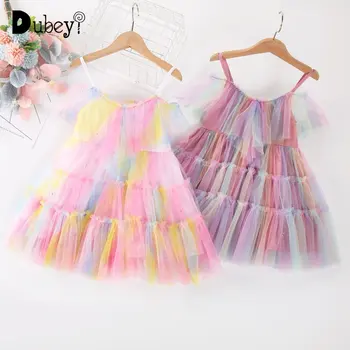 Многослойное платье пастельных тонов для девочек, радужные платья принцесс, летняя одежда на подтяжках, модные детские костюмы