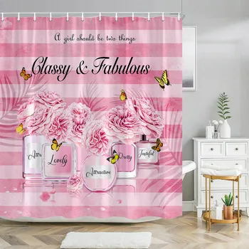 Модные занавески для душа, розово-черная занавеска с цветочной бабочкой из флакона духов, роскошная тканевая занавеска для ванной с крючками, декор для ванной комнаты