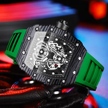 Модные кварцевые Мужские часы Персонализированные Люминесцентные Часы Casual Tonneau Зеленый Силиконовый ремешок Водонепроницаемые Reloj Мужские Оригинальные Подарки