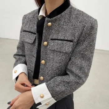 Модный жакет в стиле ретро 2023, Весенняя женская одежда, дизайн одежды со стоячим воротником, короткое пальто из французского твида, женский серый топ