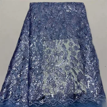 Небесно-Голубая Сетка Африканская Кружевная Ткань 2023 Блестки Тюль Нигерия Вечернее Платье Для Женщин Вышивка Французская Мода Шитье 5 Ярдов Cl
