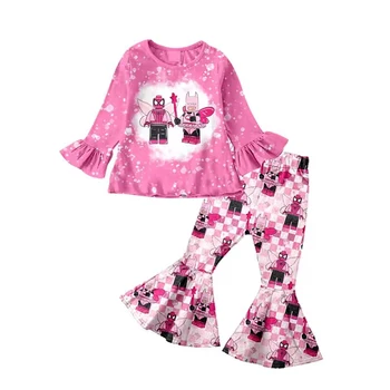 Новая розовая мультяшная игра-робот, брюки-клеш с длинными рукавами, комплект одежды для девочек, комбинезон на молнии для маленьких девочек